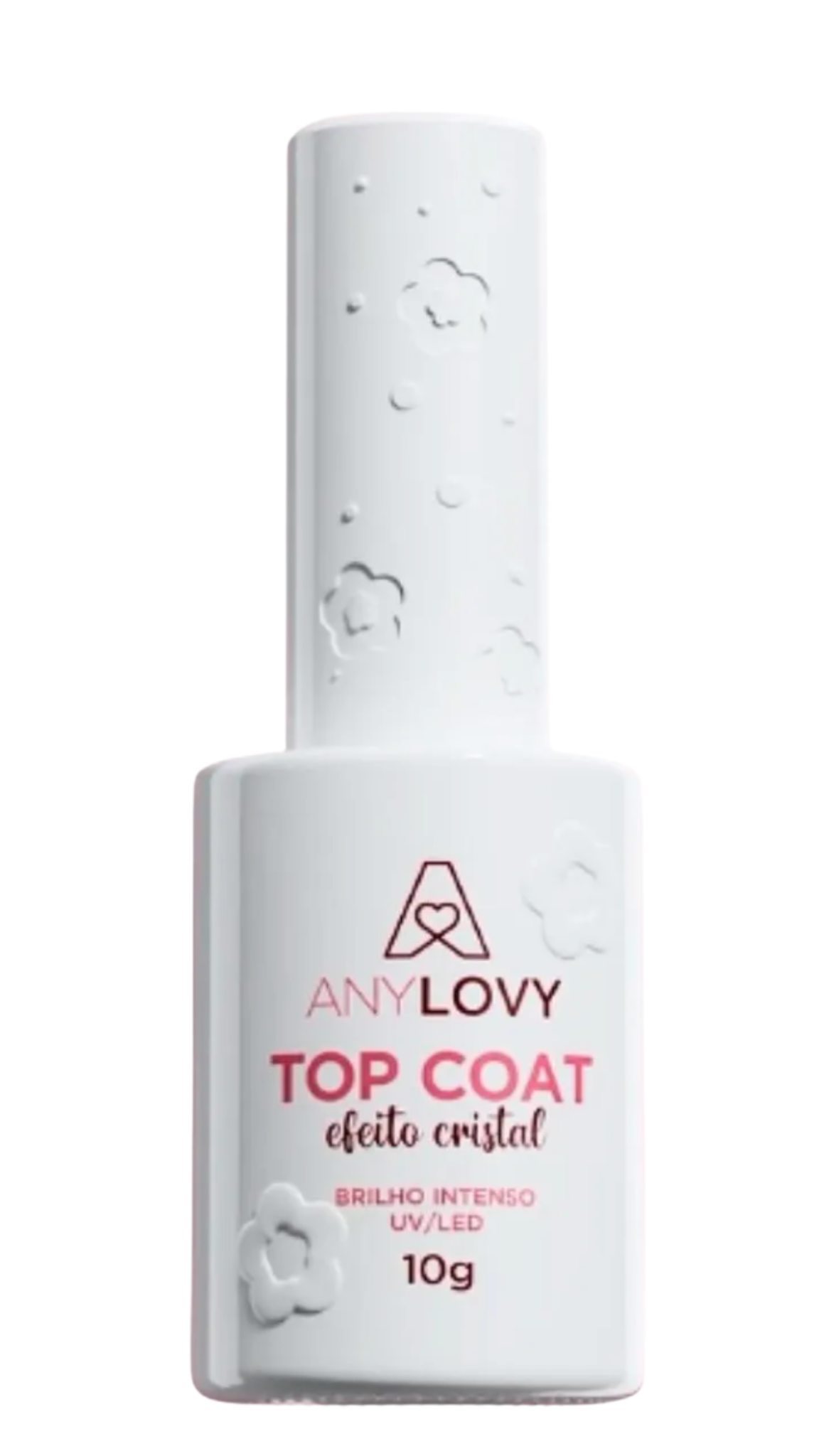 White bottle of Any Lovy top coat with pink text on a white background