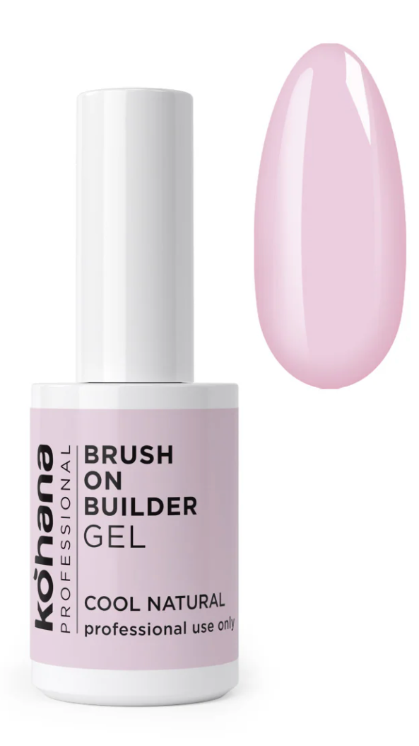Kohana Brush On Builder Gel bottle with a pink nail next to it on a white background