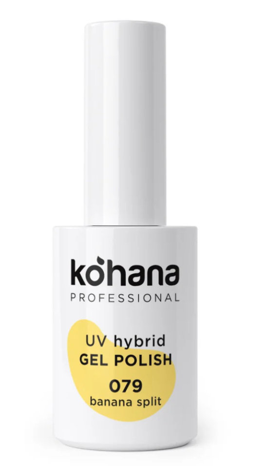 Kohana UV hybrid gel polish bottle labeled '079 banana split' on a white background