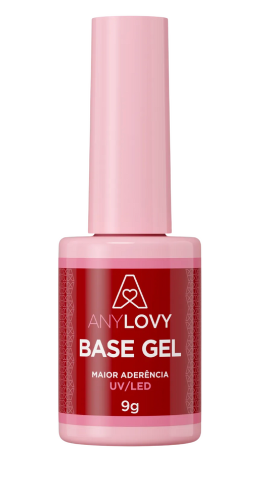 Pink bottle of Anylovy base gel on a white background